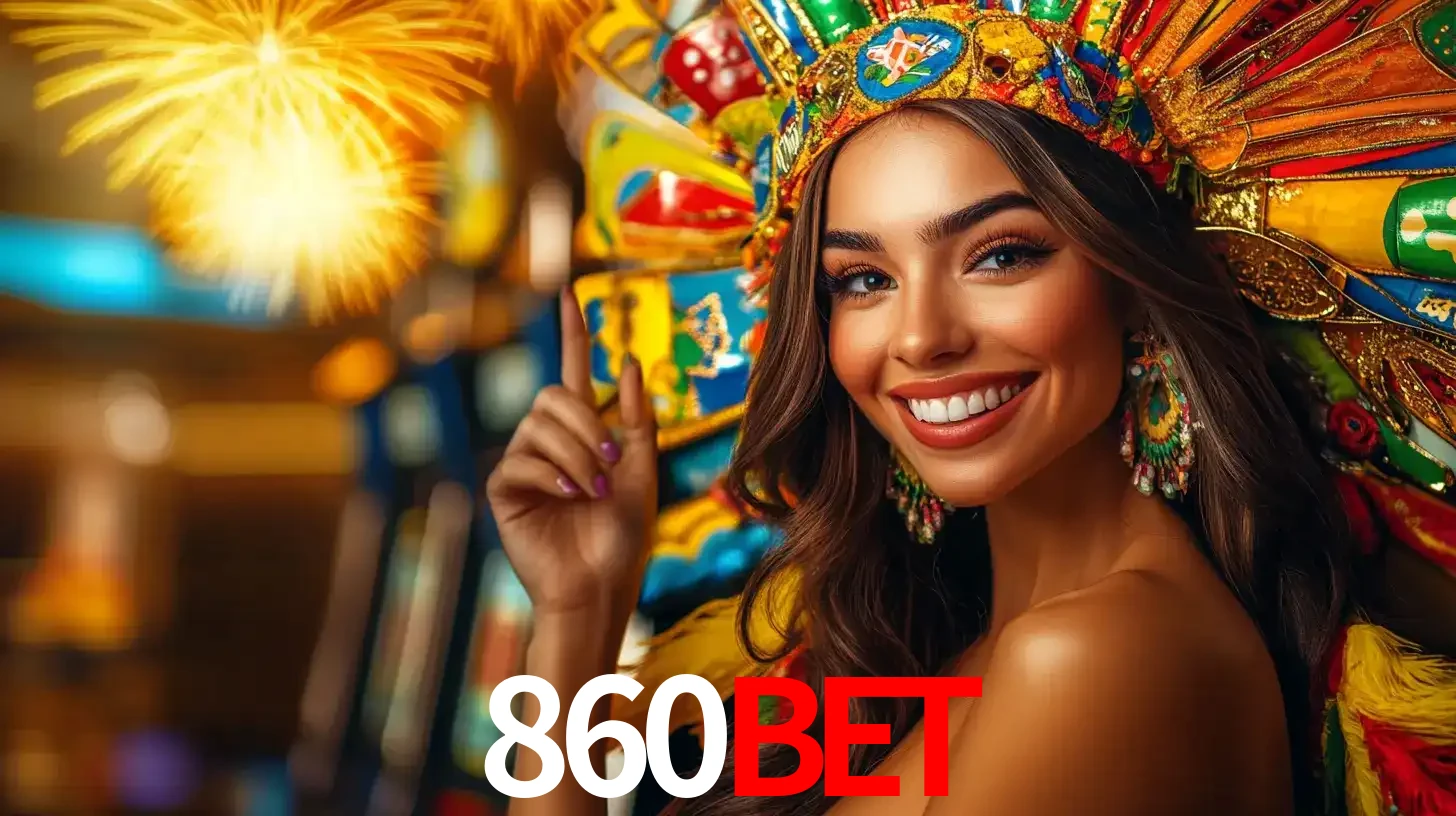 Mulher sorridente com um cocar de carnaval vibrante e colorido, celebrando uma grande vitória nos jogos do cassino 860BET com fogos de artifício ao fundo.
