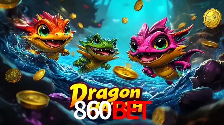 Arte promocional do jogo Dragon Hatch com três adoráveis dragões bebês nadando entre moedas de ouro, um dos slots mais divertidos para jogar no cassino 860BET.