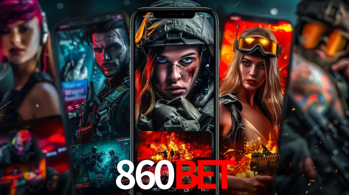 Montagem de telas de celular mostrando diversos personagens, masculinos e femininos, de um jogo de tiro, ilustrando a diversidade de equipes de e-sports para apostar no 860BET.