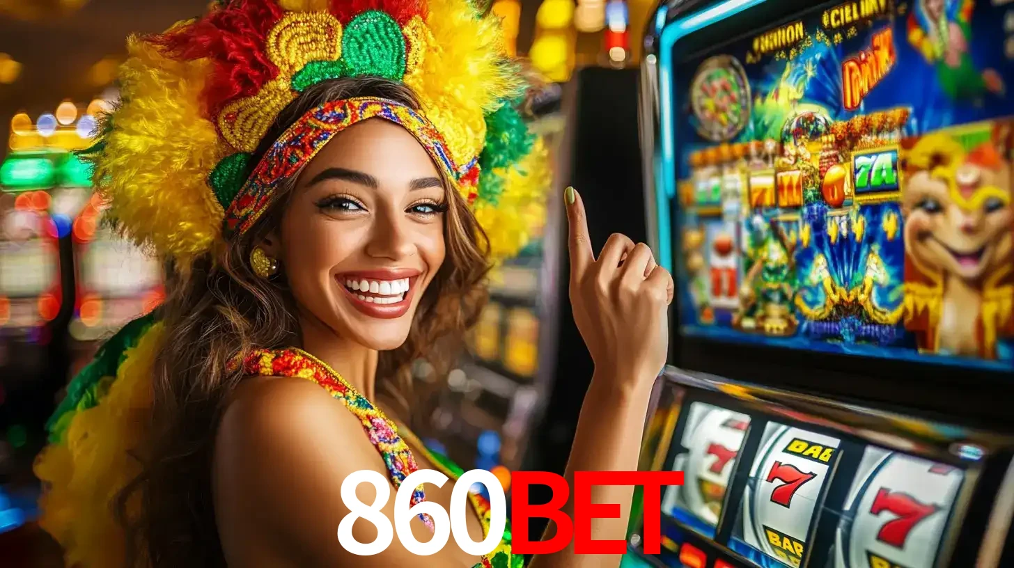 Mulher animada com um cocar de carnaval apontando para uma máquina de caça-níqueis, mostrando a emoção de ganhar um grande prêmio nos jogos do 860BET.