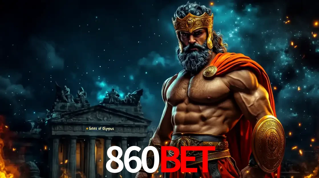 O poderoso Zeus do jogo de slot Gates of Olympus em frente ao seu templo, pronto para lançar multiplicadores divinos e prêmios épicos no cassino online 860BET.