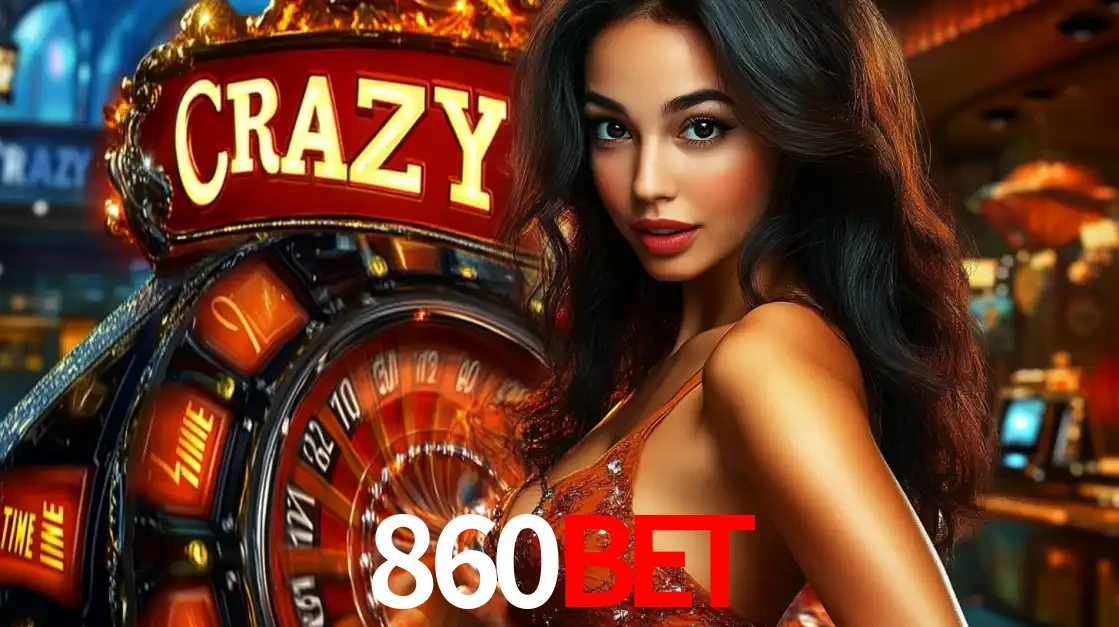Mulher glamourosa olhando para a câmera com a roda vermelha do Crazy Time ao fundo em um ambiente de cassino, destacando a emoção dos jogos ao vivo no 860BET.