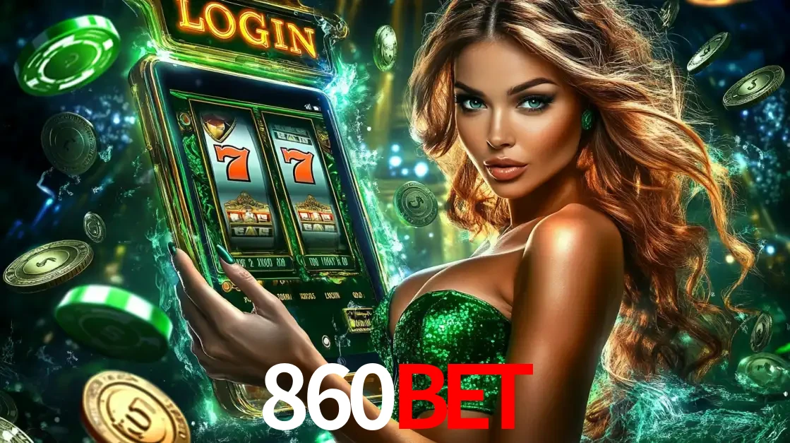 Mulher com tema verde apresentando o aplicativo do cassino 860BET com um jogo de slot de 777, cercada por fichas de cassino e uma aura de sorte.