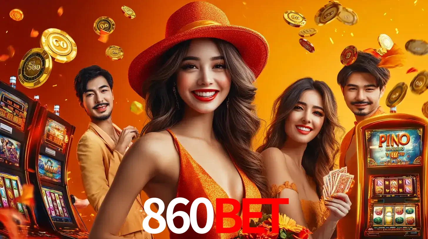 Grupo de amigos asiáticos sorrindo e se divertindo com máquinas de caça-níqueis em um ambiente festivo, celebrando suas vitórias nos jogos de cassino do 860BET.
