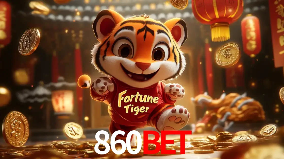 O alegre personagem do Fortune Tiger correndo sobre um caminho de moedas de ouro, simbolizando os grandes prêmios e a diversão do popular jogo de slot do 860BET.