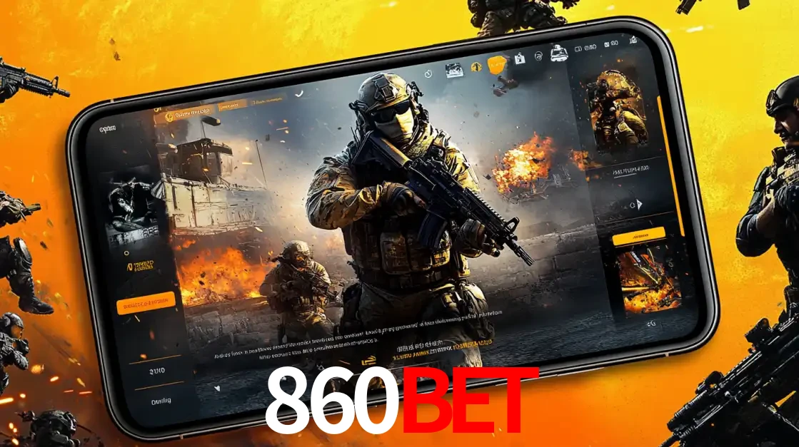 Um smartphone exibindo a interface de um jogo de tiro em primeira pessoa, com um soldado em um cenário de batalha, representando a ação dos e-sports para apostar no 860BET.
