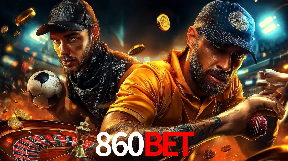 Montagem de apostas esportivas e cassino no 860BET, com um homem segurando uma bola de futebol e outro uma de beisebol sobre uma roleta e moedas voadoras.