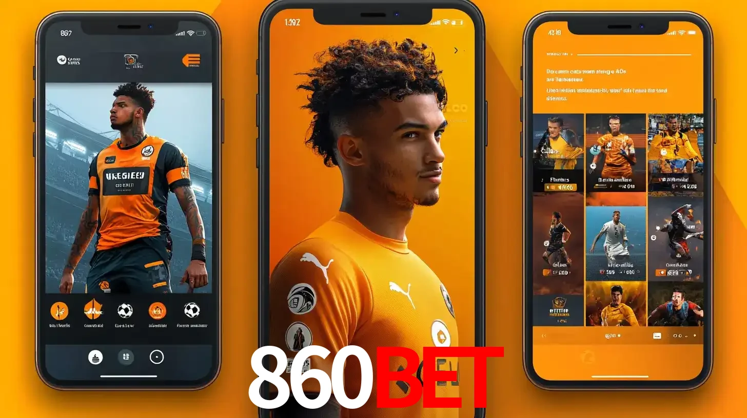 Interface do aplicativo de apostas esportivas 860BET em três telas de celular, mostrando o perfil de um jogador de futebol e a lista de jogos disponíveis para apostar.