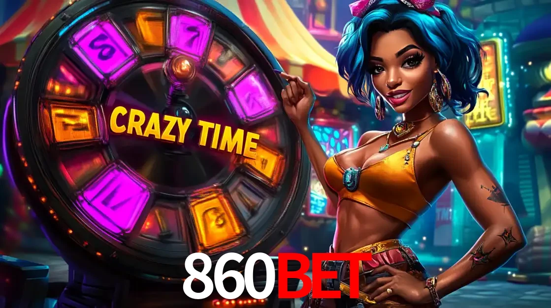 Mulher estilizada com cabelo azul e visual vibrante posando ao lado da roda de prêmios do game show Crazy Time, convidando para a diversão e os bônus do cassino 860BET.