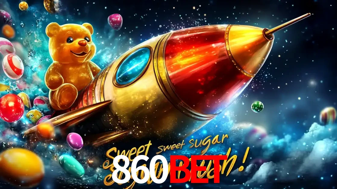 Arte promocional do jogo de slot Sugar Rush, com um urso de pelúcia em um foguete viajando pelo espaço de doces, um dos jogos divertidos disponíveis no cassino 860BET.