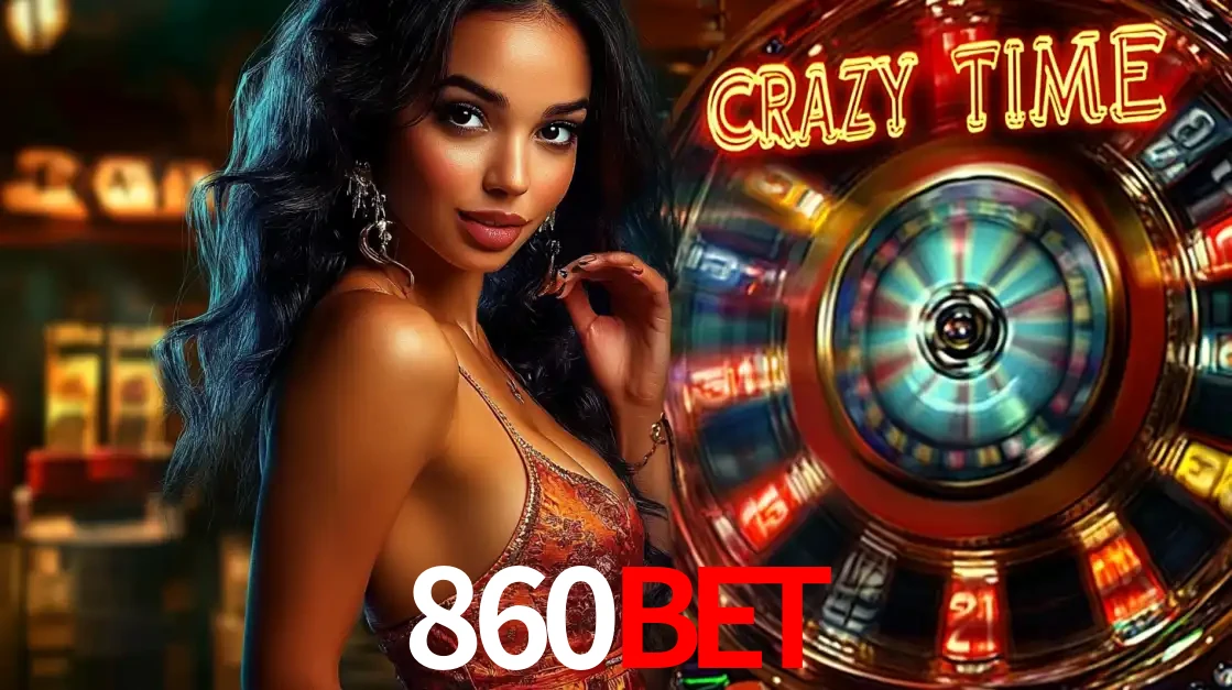 Mulher elegante ao lado da vibrante roda da fortuna do jogo de cassino ao vivo Crazy Time, um dos game shows mais populares e cheios de prêmios do 860BET.