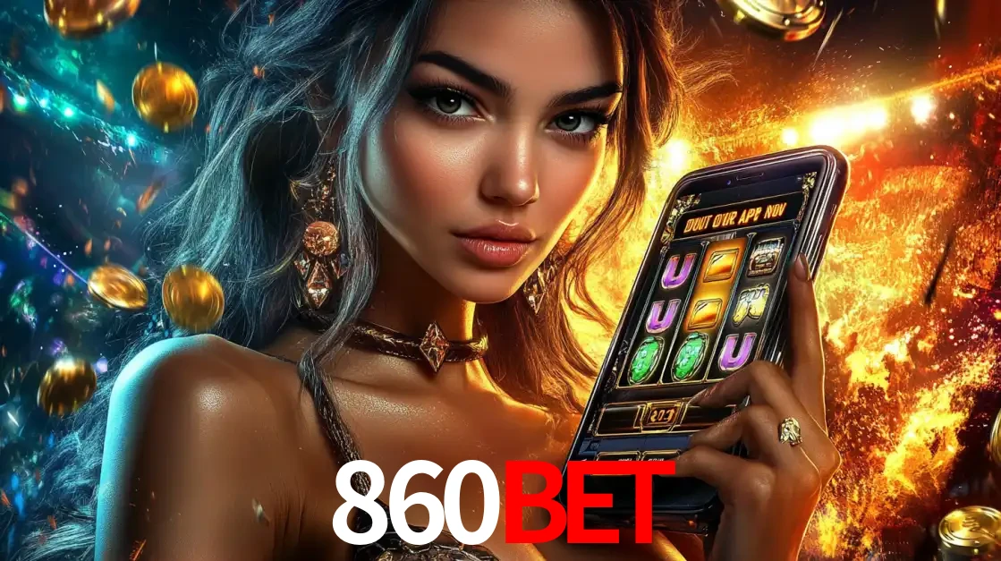 Mulher elegante mostrando um jogo de caça-níqueis em seu smartphone, destacando a experiência de cassino móvel oferecida pelo aplicativo 860BET.