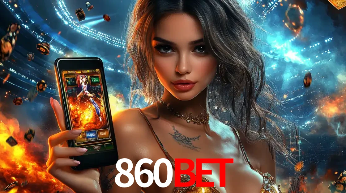 Mulher segurando um celular com um jogo de slot em destaque, tendo como fundo um estádio vibrante, simbolizando a emoção de jogar no cassino móvel 860BET.