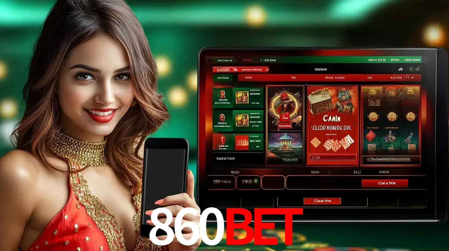 Mulher sorridente segurando um smartphone, ao lado de uma tela exibindo o lobby de jogos do cassino online 860BET, com várias opções de jogos de cartas e slots.